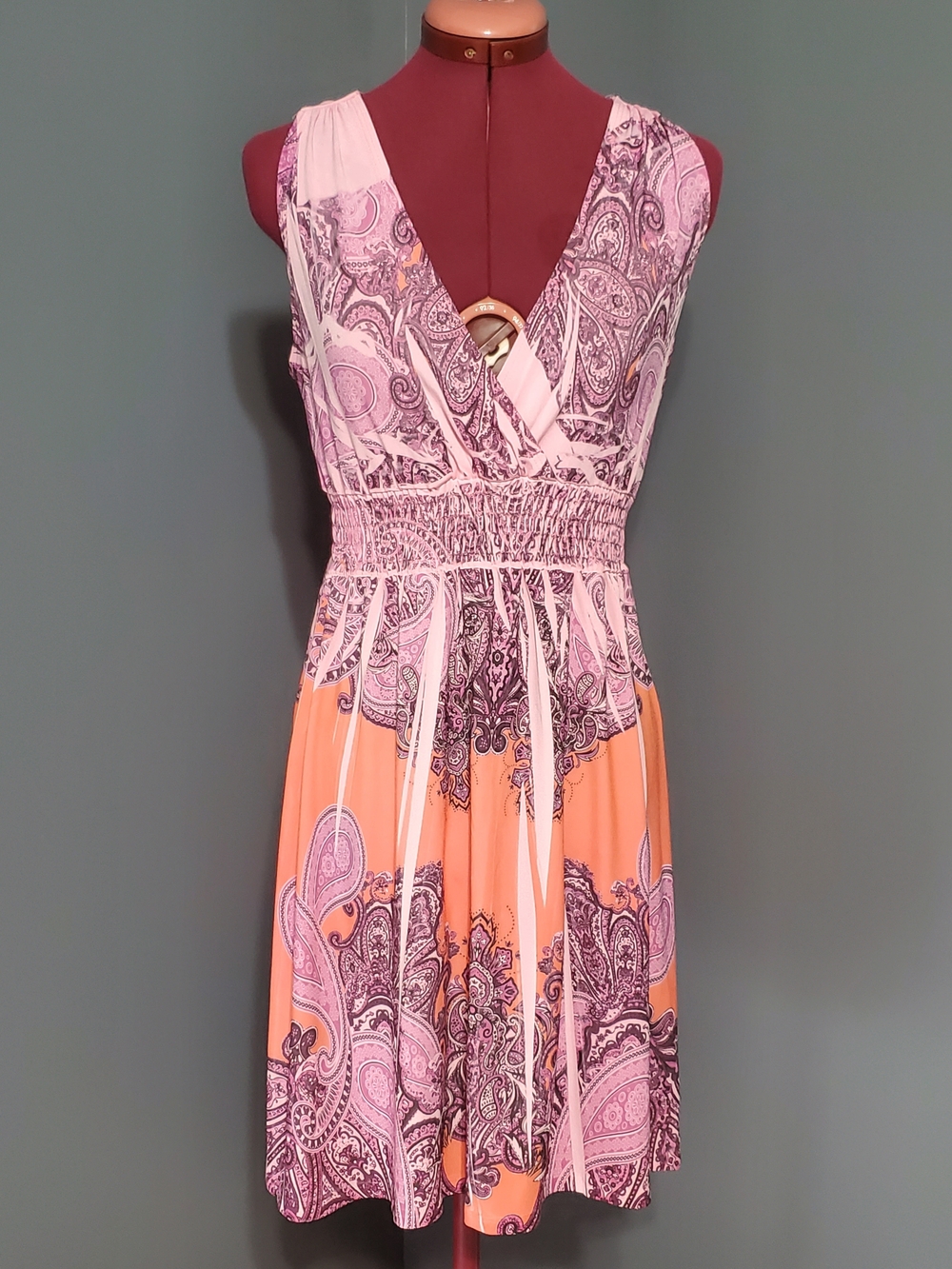 Fresh of LA V-Neck Paisley Midi Dress Pink Orange Lightweight Women's Size M